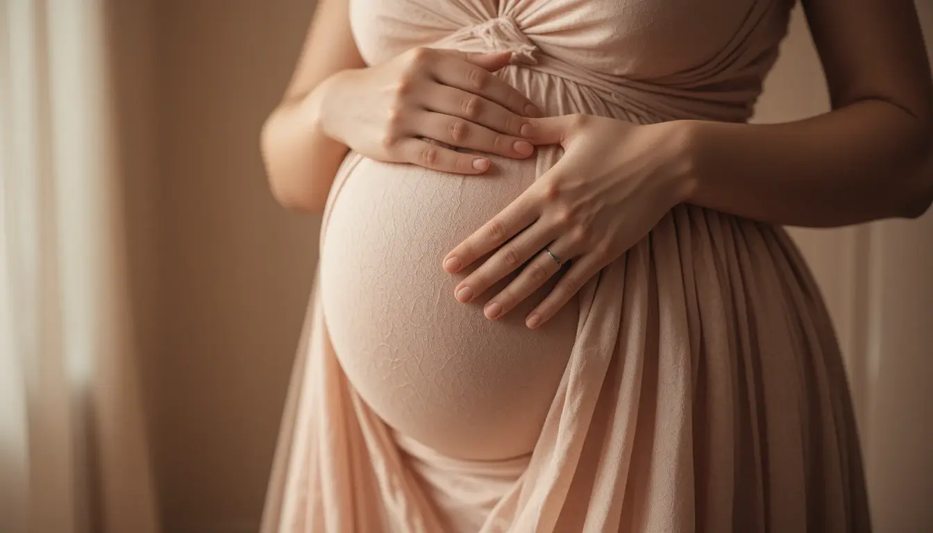 Detail foto maternity artistik dengan pencahayaan lembut dan emosional