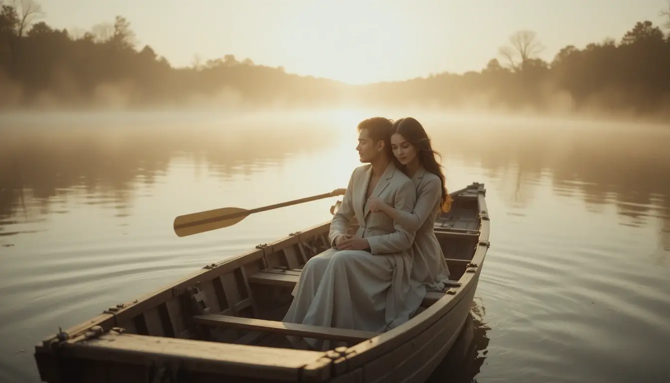 Foto prewedding romantis pasangan di atas perahu dengan konsep sinematik di Bandung