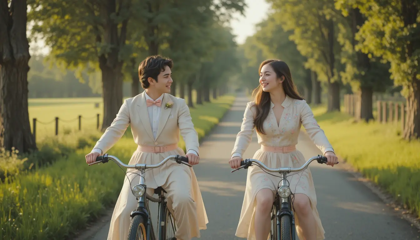 Foto prewedding vintage pasangan naik sepeda onthel dengan nuansa hangat dan natural