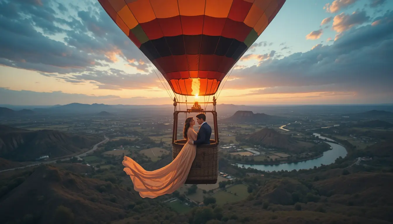 Foto prewedding eksklusif pasangan dengan konsep balon udara dan pemandangan alam