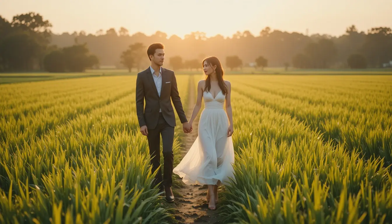 Foto prewedding outdoor pasangan di alam terbuka dengan pencahayaan golden hour