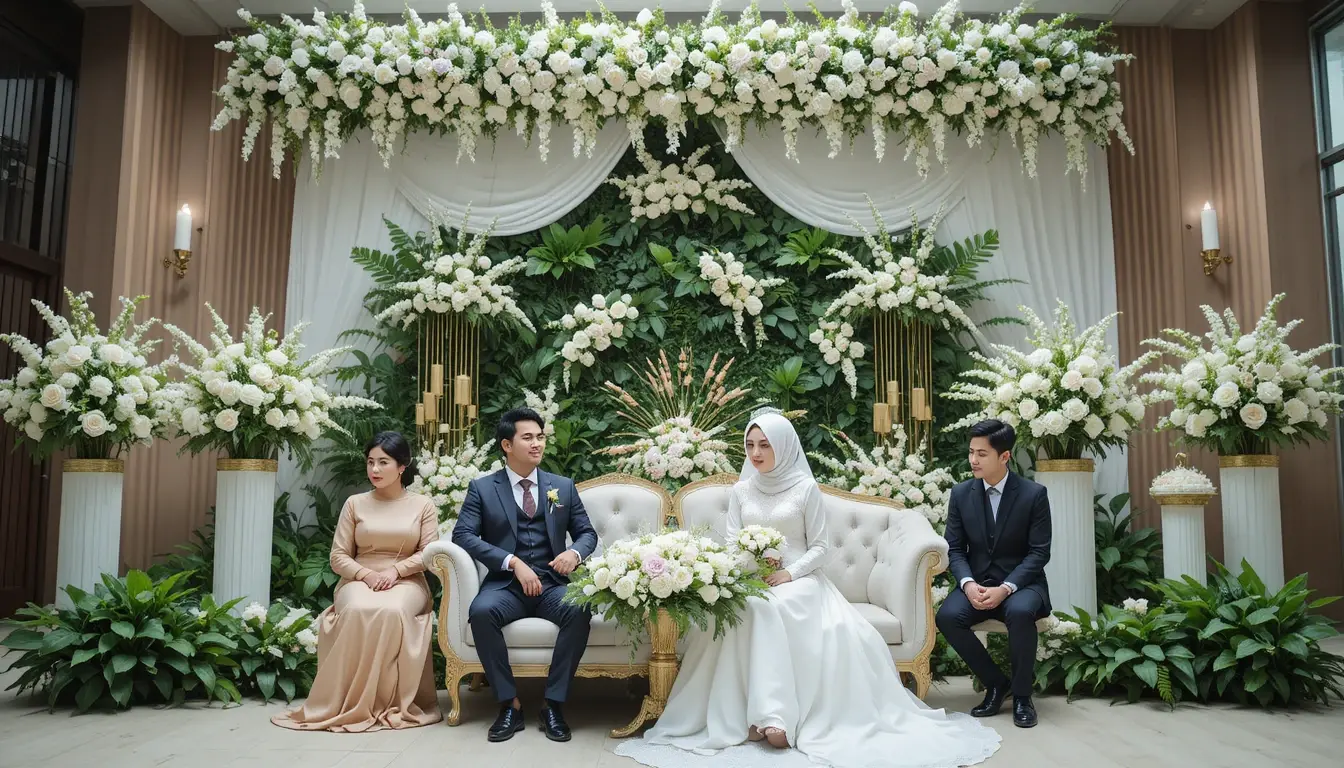 Foto resepsi wedding pasangan pengantin di atas panggung dengan dekorasi pernikahan mewah