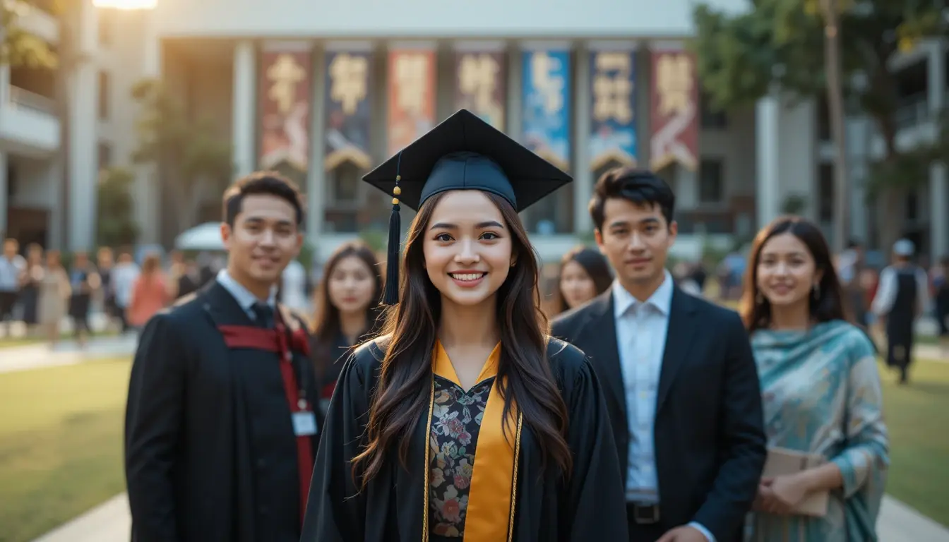 Wisudawati bersama keluarga dengan latar belakang acara wisuda kampus di Bandung