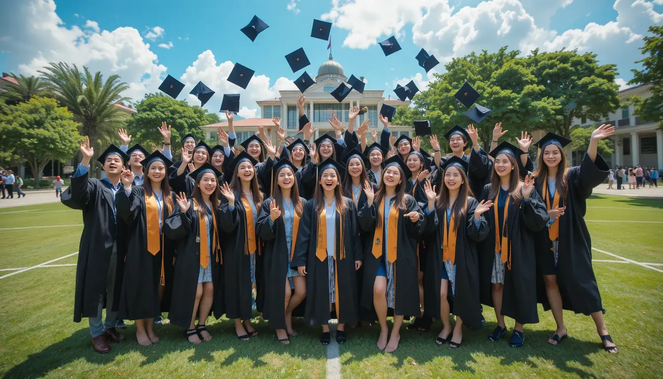 Wisudawan dan teman seangkatan berfoto bersama di area kampus saat wisuda di Bandung