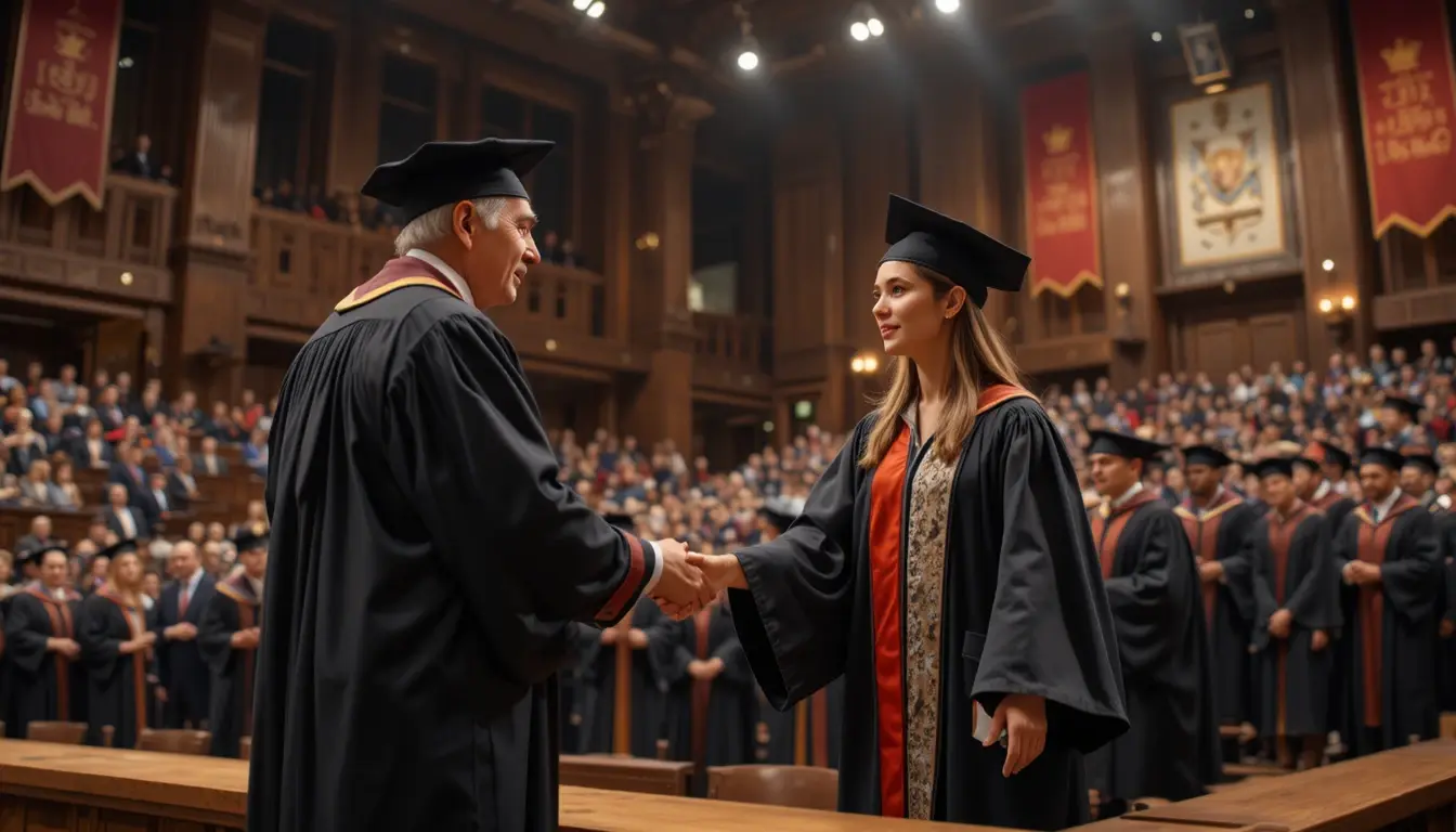 Prosesi wisuda kampus saat rektor dan dosen menyalami wisudawati di atas mimbar