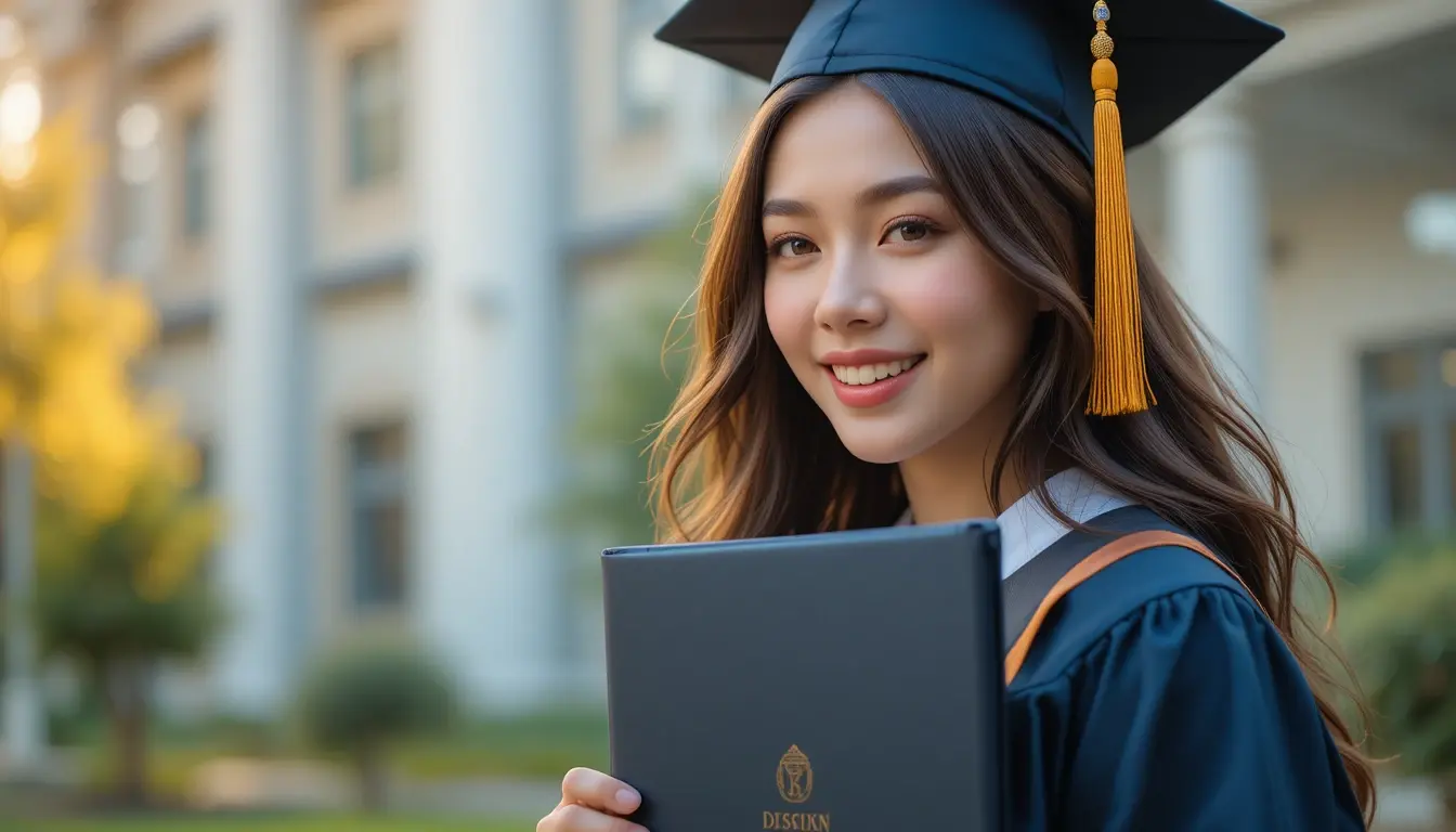 Detail foto wisuda profesional dengan toga dan ijazah